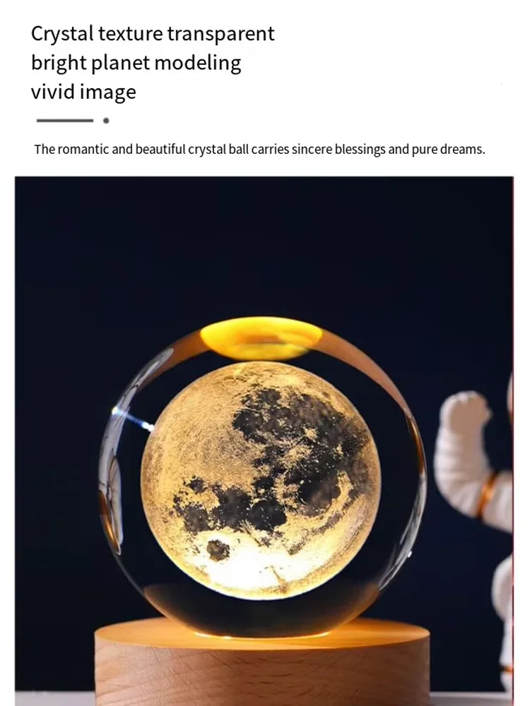 Luminous Crystal Ball LED Night Light Saturn Solar System 3D Moon Table Lamp USB Bedroom Atmosphere Lamp for Birthday Kid Gift