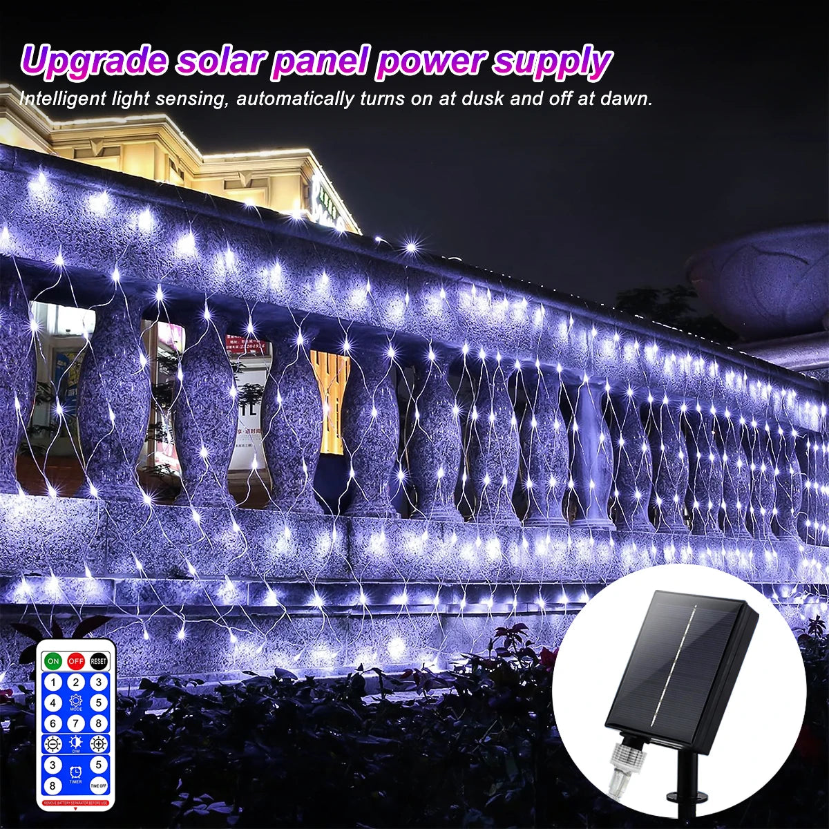 1pc Solar Net Lights Bush Net Lights Mesh Lights 8 Modes Remote Control Auto On/Off Outside Twinkle Lights For Patio Wall Roof