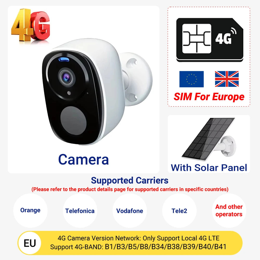 4G Solar Camera 5MP Wireless Outdoor Security Camera with Color Night Vision/Waterproof PIR Motion Alarm Solar/Battery Powered