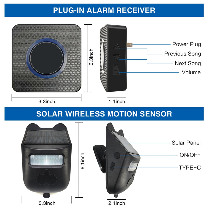 Solar Wireless Driveway Alarm Outdoor Weather-Resistant Motion Sensor&Detector DIY Security Alert System