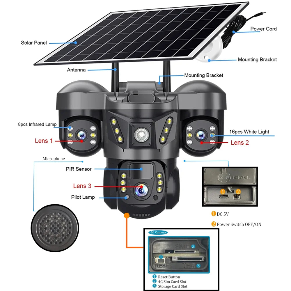 Solar 4G Camera 15MP Triple Lens Triple Screen 10x Zoom Outdoor Waterproof Battery Surveillan PIR Human Detection V380 Pro Cam