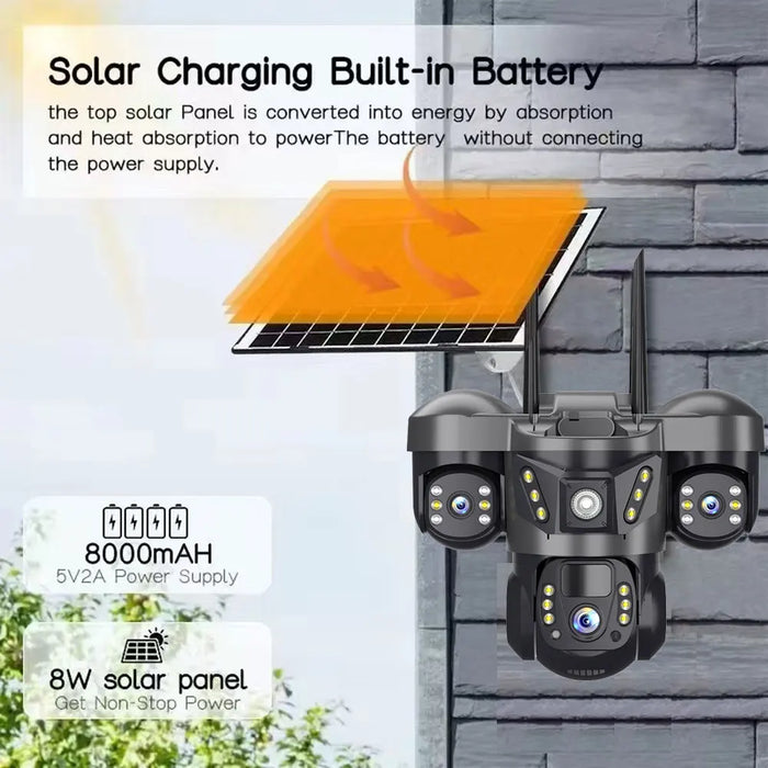 Solar Power 4G Camera With Europe Sim Card Triple Lens Three Screens Outdoor Waterproof Battery CCTV Security V380 Video Camaras