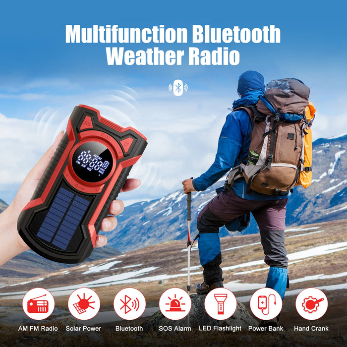 Emergency Radio Hand Crank Solar 5000mAh, IP65 Waterproof Dustproof Bluetooth 5.3 Portable AM/FM/NOAA Weather Alert Radio，red