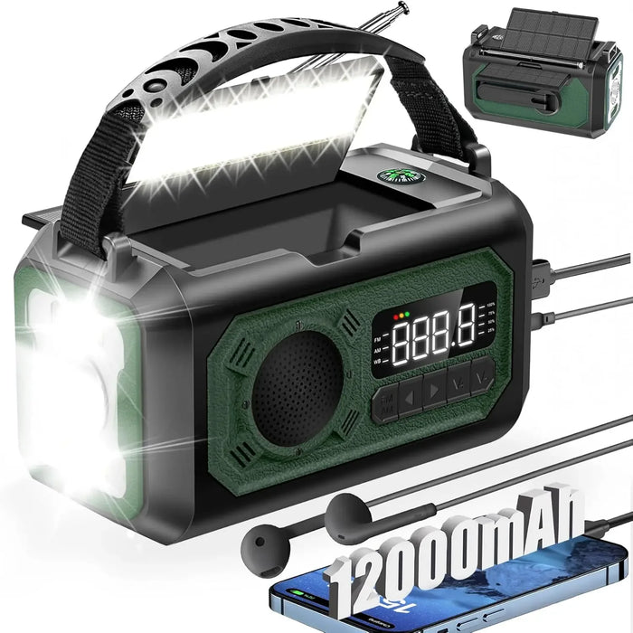 Hand Cranked Solar Powered Portable AM/FM/NOAA Weather Radio 12000mAh With LED Flashlight Portable Power Bank Outdoor Radio