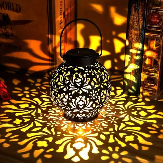 Solar Garden Light Outdoor Garden Decoration Solar Lights Metal Waterproof Round Lantern Lights Hanging Hollow Projection Lights