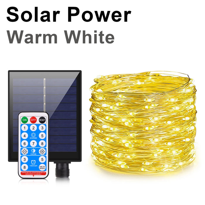 LED String Light With Large Solar Panel 10M-100M 10 LEDs/M Waterproof Warm White/ RGB Fantasy Color For Outdoor Garden Courtyard