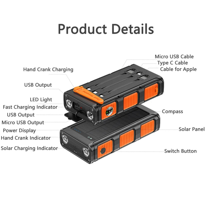 30000mAh Hand Crank Solar Power Bank PD 20W External Battery Fast Charging Powerbank for iPhone 14 Xiaomi Portable Solar Charger