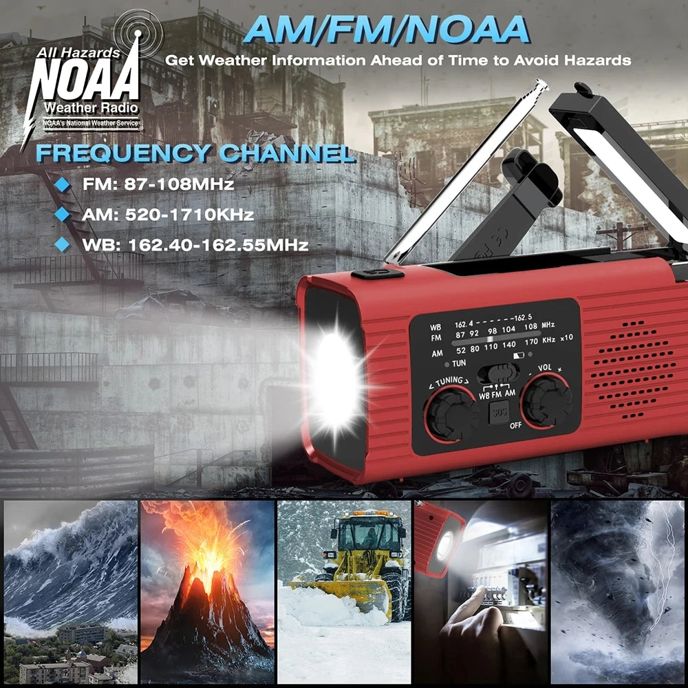 SOS Alarm Emergency Hand Crank Radio AM/FM NOAA Solar Power USB Chargeable 4000mAh Power Bank Portable Radio with LED Flashlight