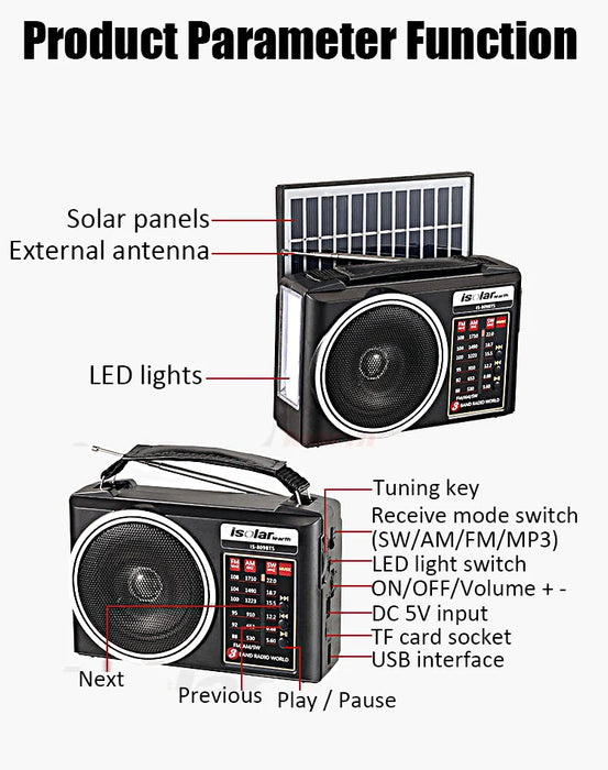 Portable FM/AM/SW Radio Solar Charging Multi Band Emergency Radios Receiver Powerful Bluetooth Speaker with Flashlight USB