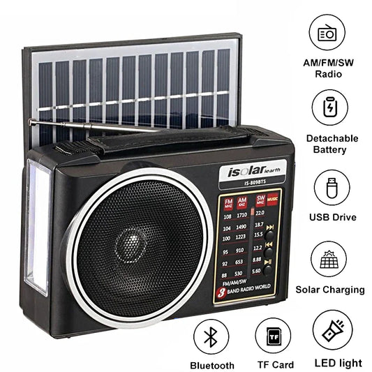 Portable FM/AM/SW Radio Solar Charging Multi Band Emergency Radios Receiver Bluetooth Speaker with Flashlight TF USB for Walk