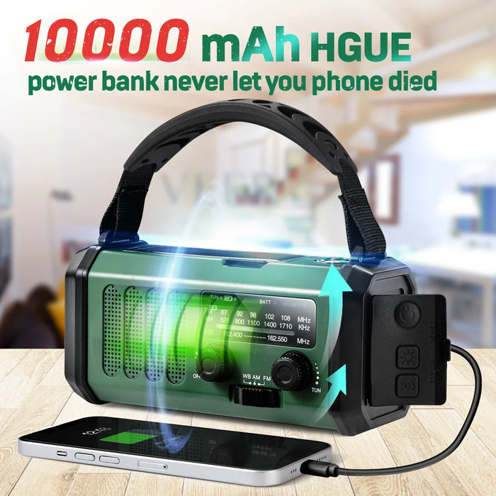 Emergency Weather Radio 10000mAh Solar Hand Crank Portable AM/FM/NOAA with Flashlight & Reading Lamp SOS for Home and Outdoor