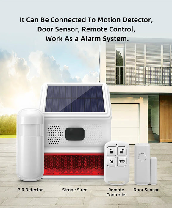 Smarsecur 433MHz Solar Outdoor Waterproof Siren with LED Flashing Light Function as Home Garage Shed Alarm System