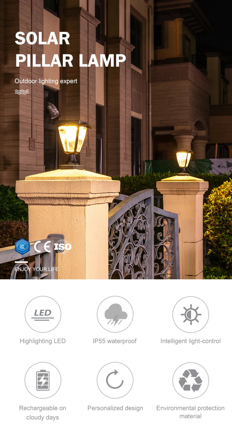 Simple Solar Column Pillar Light Outdoor LED Post Deck Cap Fence Landscape Lamp Waterproof Decor Garden Gate Solar Power Lamp