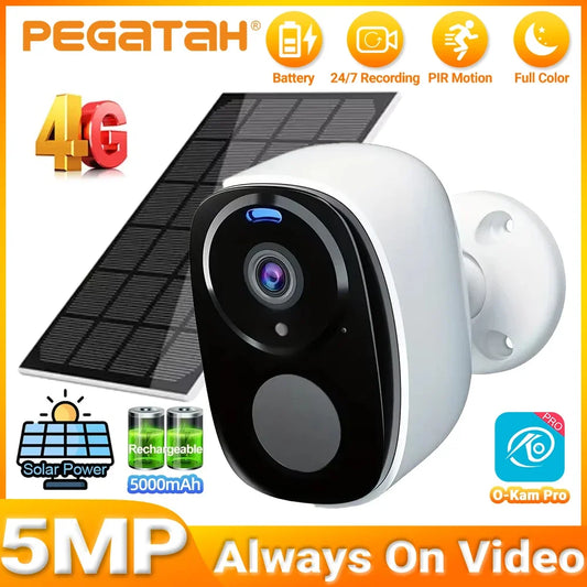 4G Solar Camera 5MP Wireless Outdoor Security Camera with Color Night Vision/Waterproof PIR Motion Alarm Solar/Battery Powered