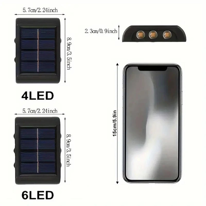 2PCS Solar Fence Lights Outdoor - 6/4 LED Dual-Sided Wall Lighting, Waterproof IP65 for Garden/Pathway Decor, Auto Dusk-to-Dawn