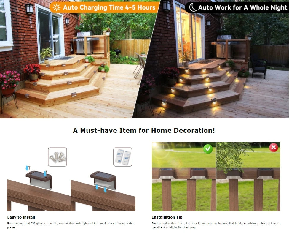 Solar Deck Lights for Outdoor, Waterproof Solar LED Lights for Deck, Step, Railing, Wall, Patio, Garden,Yard Cool (Warm)White