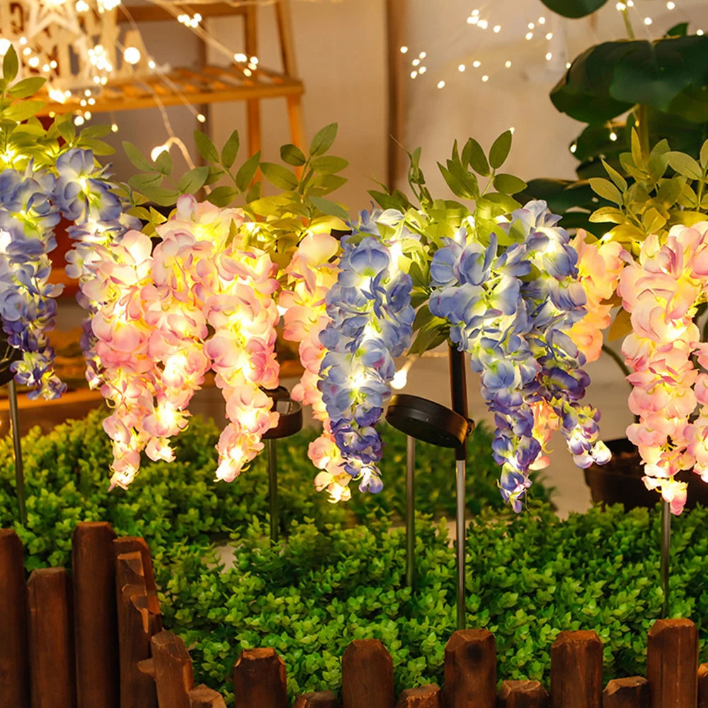 Solar Outdoor Decor Light Realistic Wisteria Floral Waterproof Artificial Flowers Light Solar Powered Garden Lawn Yard Lamp