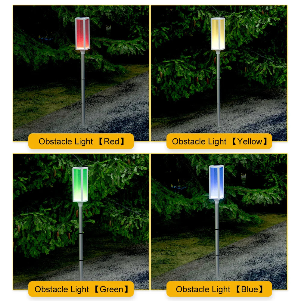 Solar powered bollard lights with multiple color and lighting mode options.，Suitable for driveways, gardens, and paths.