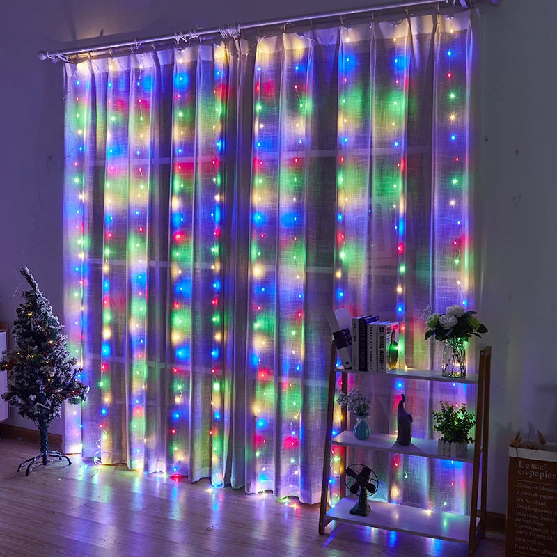 Solar LED Curtain Light Outdoor Garland Solar Fairy String Light Pavilion Garden Party Holiday Christmas Decor Copper Wire Lamps