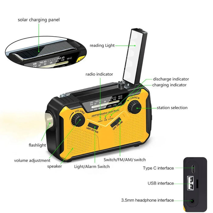 Emergency Solar Hand Crank Radio, AM/FM Portable with 2500mAh Power Bank & LED Light for Outdoor