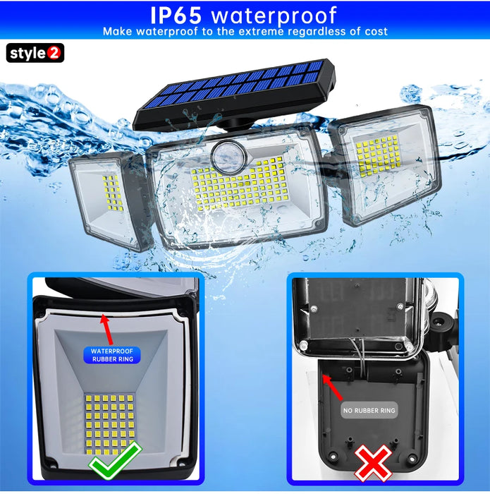Security Solar Lights Outdoor 167 LED Adjustable 3 Heads with 3 Modes Wireless Motion Sensor Super Waterproof  Spot Flood Lights