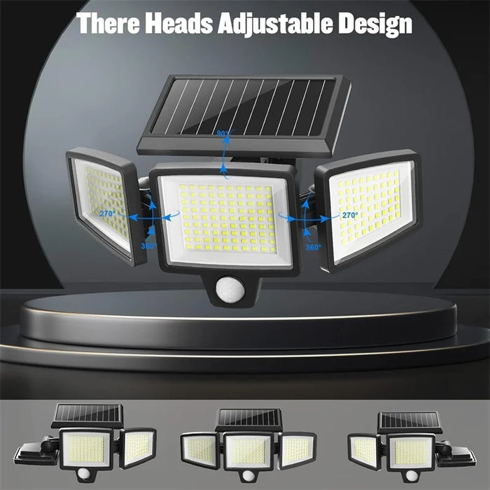 Solar Security Lights 210 LED 3 Head Motion Sensor Flood Light w/ Remote Waterproof 270° Wall Light with 3 Modes for Garage Yard