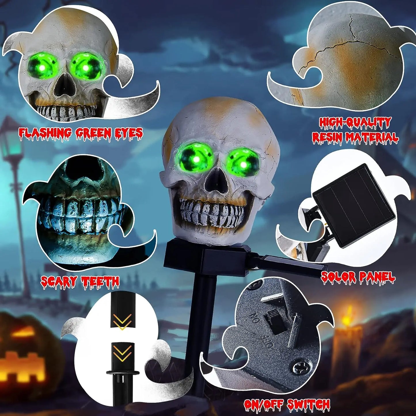 1PC Solar Light-Up Skull Yard Stake Halloween Decorations,  Yard Art, Outdoor, Haunted House, Seasonal Home Decor