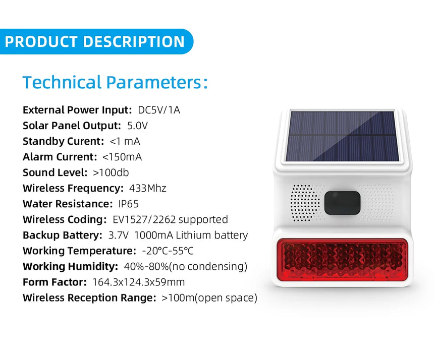 Smarsecur 433MHz Solar Outdoor Waterproof Siren with LED Flashing Light Function as Home Garage Shed Alarm System