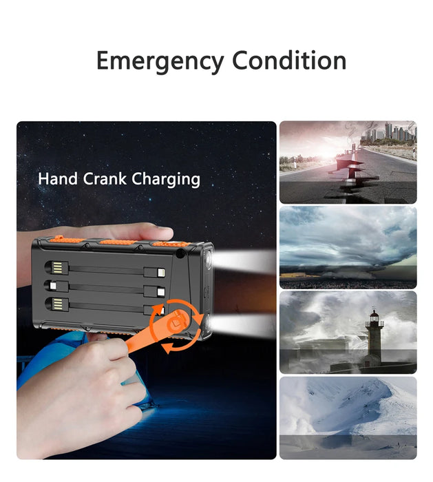 30000mAh Hand Crank Solar Power Bank PD 20W External Battery Fast Charging Powerbank for iPhone 14 Xiaomi Portable Solar Charger
