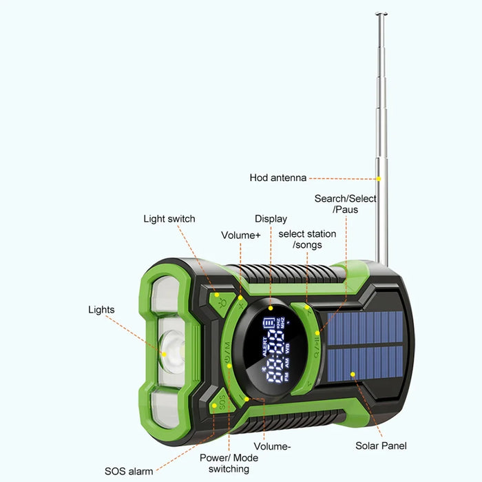 Solar Emergency Weather Radio Waterproof Hand Crank Weather Alert Radio 5000mAh Bluetooth-Compatible5.3 LED Flashlight SOS Alarm