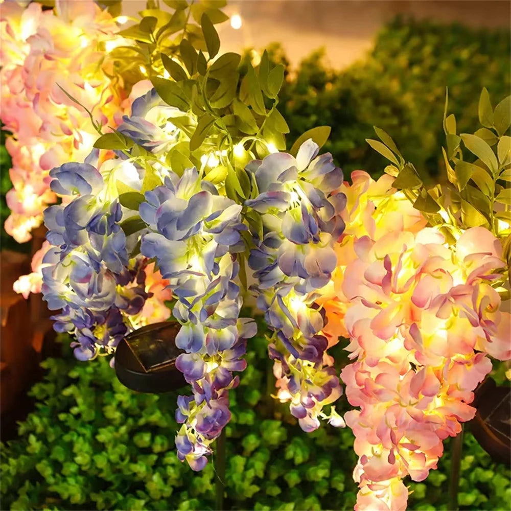 Solar Flowers Light Outdoor Garden Realistic Wisteria Floral Waterproof Artificial Flowers Solar Stake Lights for Patio Backyard