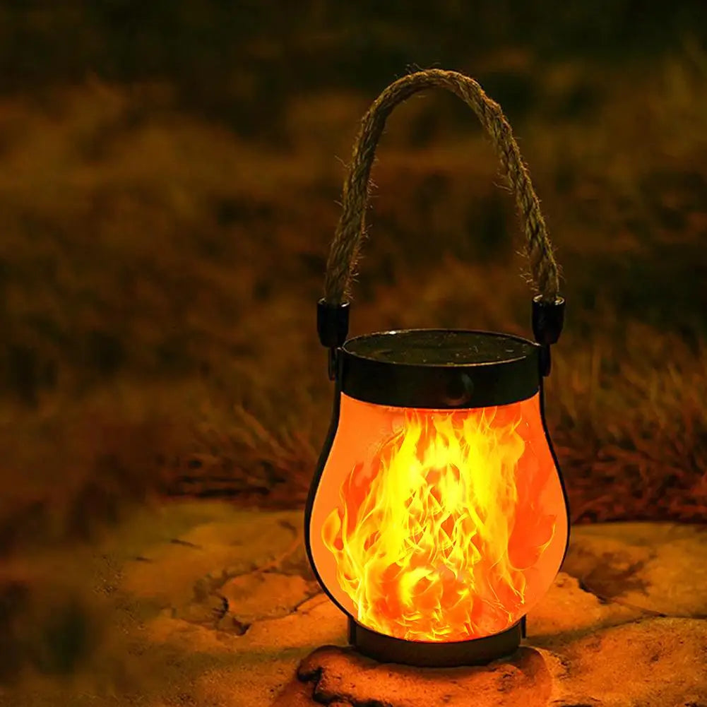 Solar Flame Lights Solar Powered Garden Lantern Flickering LED Light Decorative Yard Decor with Rope Rechargeable Camping Lamp