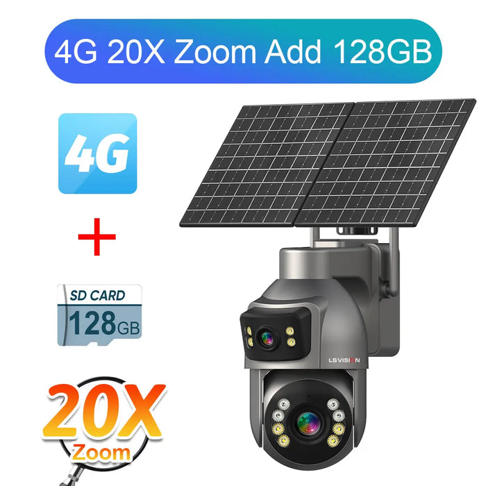 LS VISION 8MP 24/7 Video Recording AOV 4G Solar Camera Dual Screens Outdoor 20X Optical Zoom 50m Detection Distance CCTV Cameras