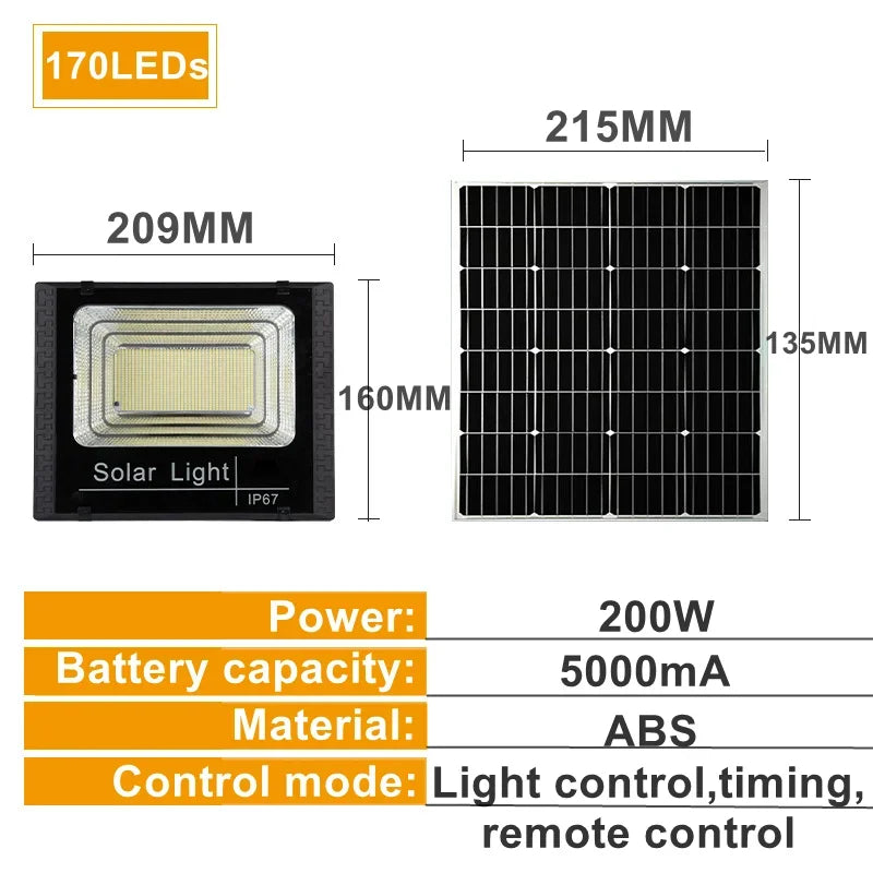 Solar Flood Lights 50W 100W 200W 300W 500W Outdoor Remote Control IP67 Waterproof Solar Power Wall Lamp Street Garden Decoration