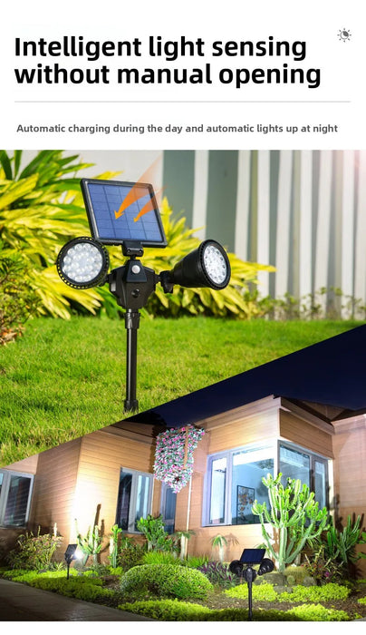 Solar spotlights for outdoor courtyard landscapes, dual head ground penetrating trees, human body sensing lawn lights
