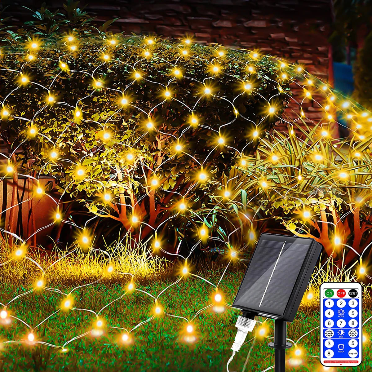 1pc Solar Net Lights Bush Net Lights Mesh Lights 8 Modes Remote Control Auto On/Off Outside Twinkle Lights For Patio Wall Roof