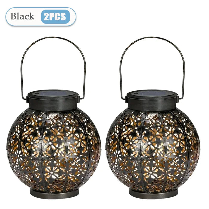 Solar Garden Light Outdoor Garden Decoration Solar Lights Metal Waterproof Round Lantern Lights Hanging Hollow Projection Lights
