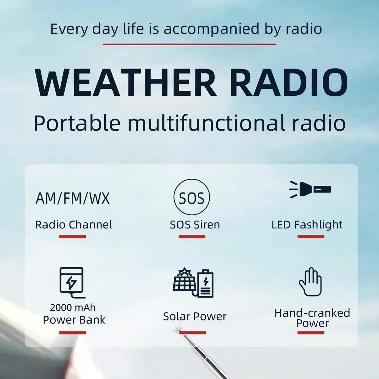 2000mA Outdoor Emergency Radio Portable Power Generation Radio Disaster Prevention Solar Hand Crank Radio AM/FM Radio