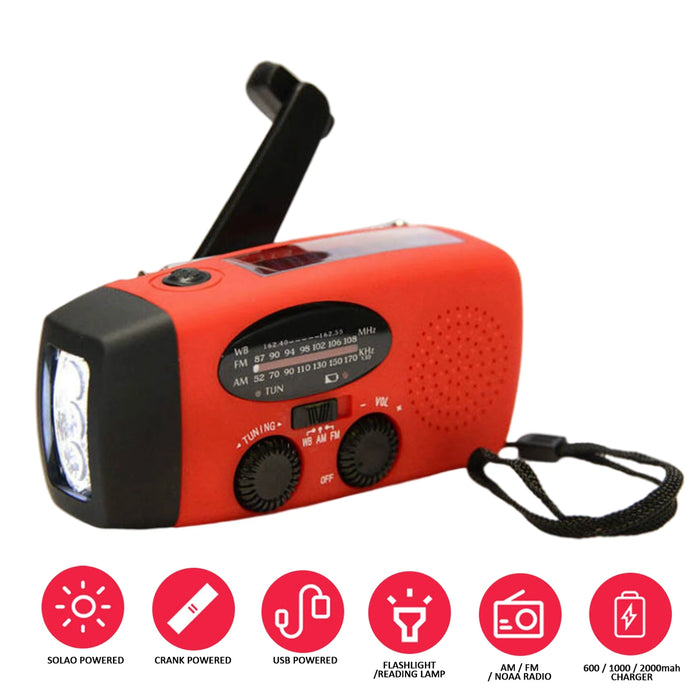 Multifunctional Solar Hand Crank Radio FM AM WB NOAA Weather Radio 2000mAh USB Charging Emergency LED Flashlight Power Ban