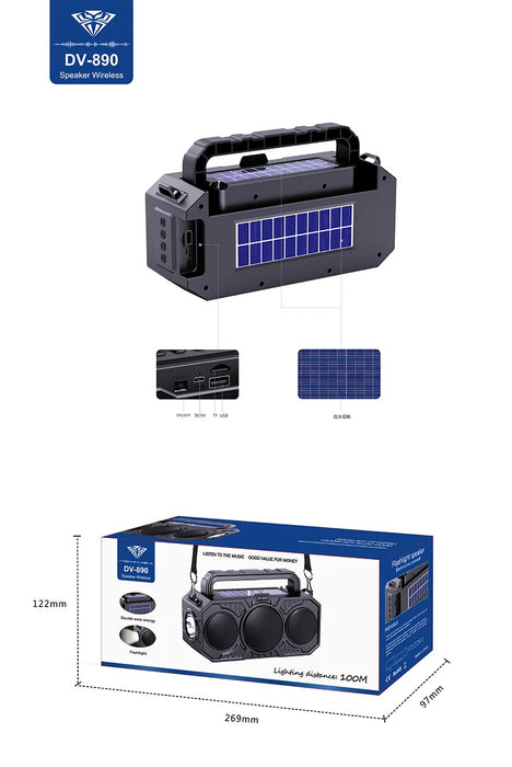 Solar Wireless Bluetooth Speaker Dual Solar Power Rechargeable with Flashlight  FM Radio TF USB MP3 Music Player Audio System