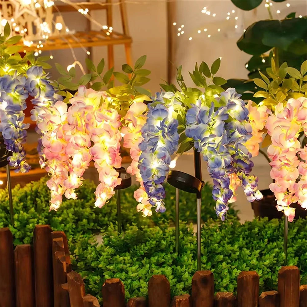 Solar Flowers Light Outdoor Garden Realistic Wisteria Floral Waterproof Artificial Flowers Solar Stake Lights for Patio Backyard