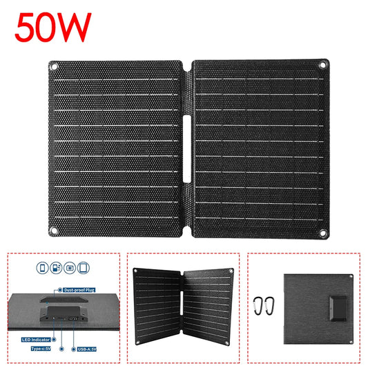 50W Folding Solar Panel Portable ETFE Solar Charger Cells Type-C/USB 5V Output for Outdoor Camping Hiking Phone Charging