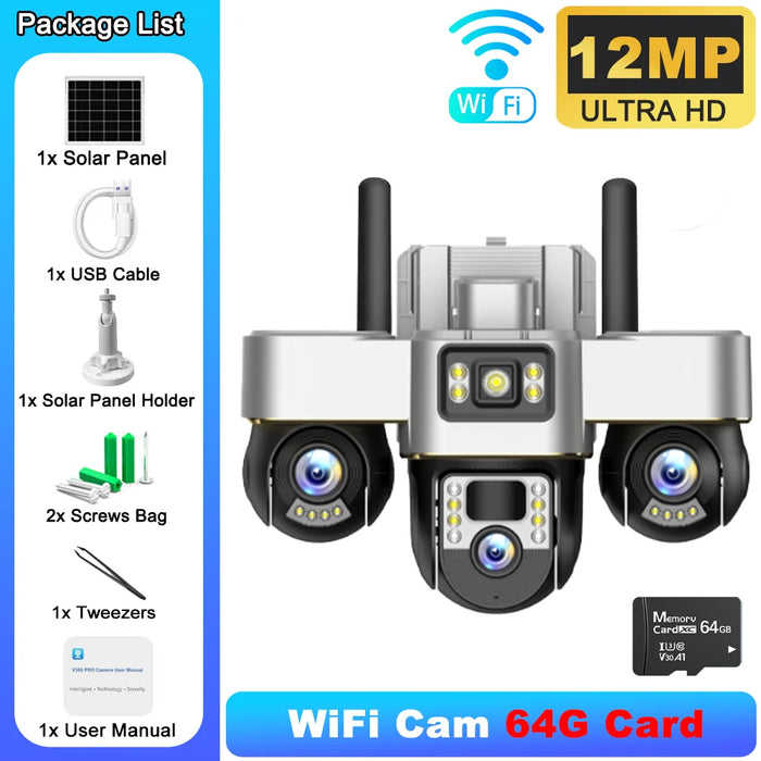 Solar Powered 3-Lens Security Camera with Smart Night Vision, Waterproof & 12MP HD Resolution for Outdoor Surveillance Camera
