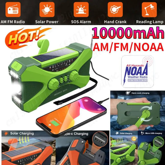 10000mAh Solar Hand Crank Radio Dual Speaker Stereo Emergency Radio Rechargeable FM AM WB NOAA Weather Radio Flashlight Torch