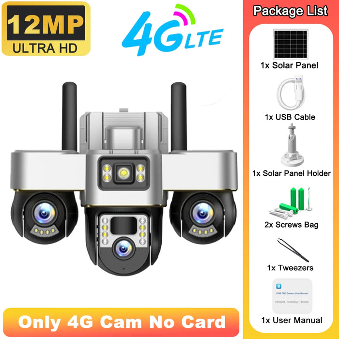 Solar Powered 3-Lens Security Camera with Smart Night Vision, Waterproof & 12MP HD Resolution for Outdoor Surveillance Camera