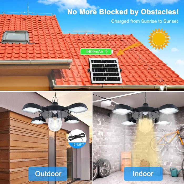 Solar Shed Lights with Motion Sensor Outdoor Indoor 192LED Pendant Light Remote for Barn Garage Garden Home 5M Line Lamp