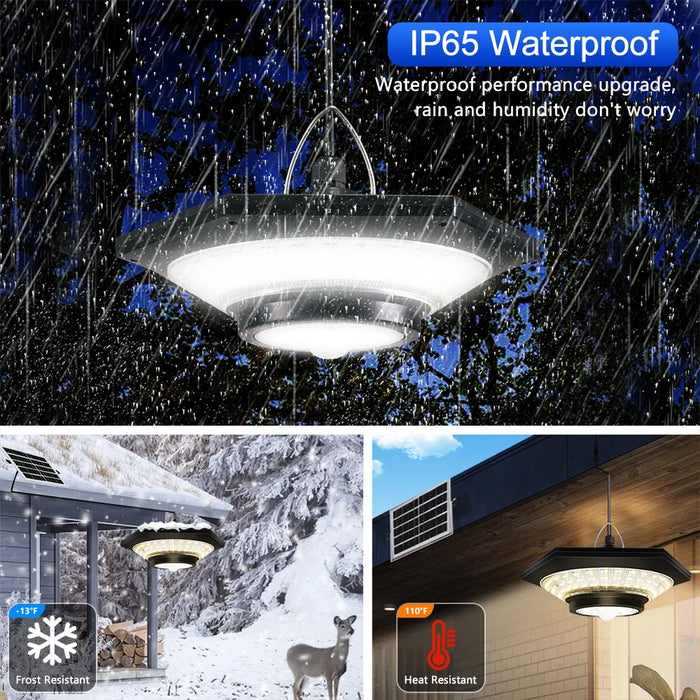 Solar Shed Light Indoor Outdoor 228 LED Pendant Light Motion Sensor with Remote Waterproof 5 Lighting Modes for Barn Gazebo Yard