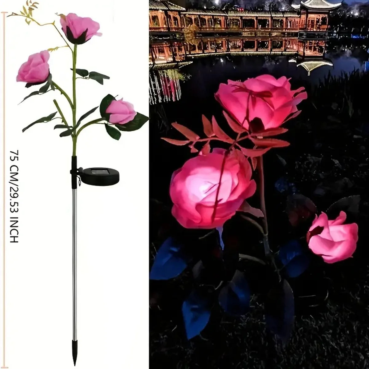 1pcs Outdoor Waterproof Solar Rose Lights with 3 Realistic Lighted Flower Heads Garden Decorative Lamp For Home Patio Decoration