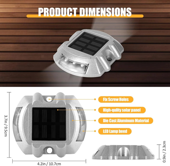 Solar Deck Lights Driveway Dock Lights, 2-Pack Led IP67 Waterproof Outdoor Warning Step Lights for Driveway Sidewalk Garden Path
