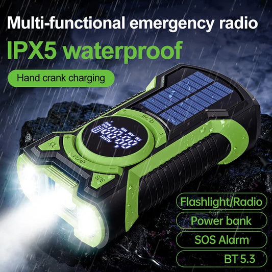 Solar Emergency Weather Radio Waterproof Hand Crank Weather Alert Radio 5000mAh Bluetooth-Compatible5.3 LED Flashlight SOS Alarm